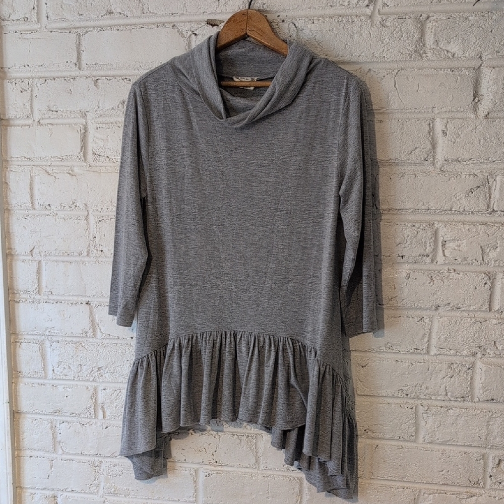 Mia Joy Gray Cowl Neck Tunic with Ruffle Hem